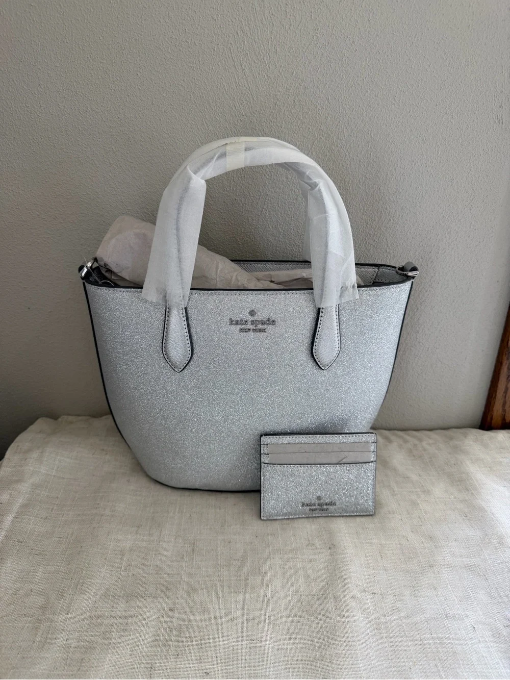 kate spade Silver Glitter Lunar Light Crossbody Bag with Cardholder NWT